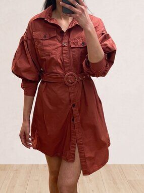 Rust Belted Shirt Dress | Puff Sleeve Mini Dress | XS